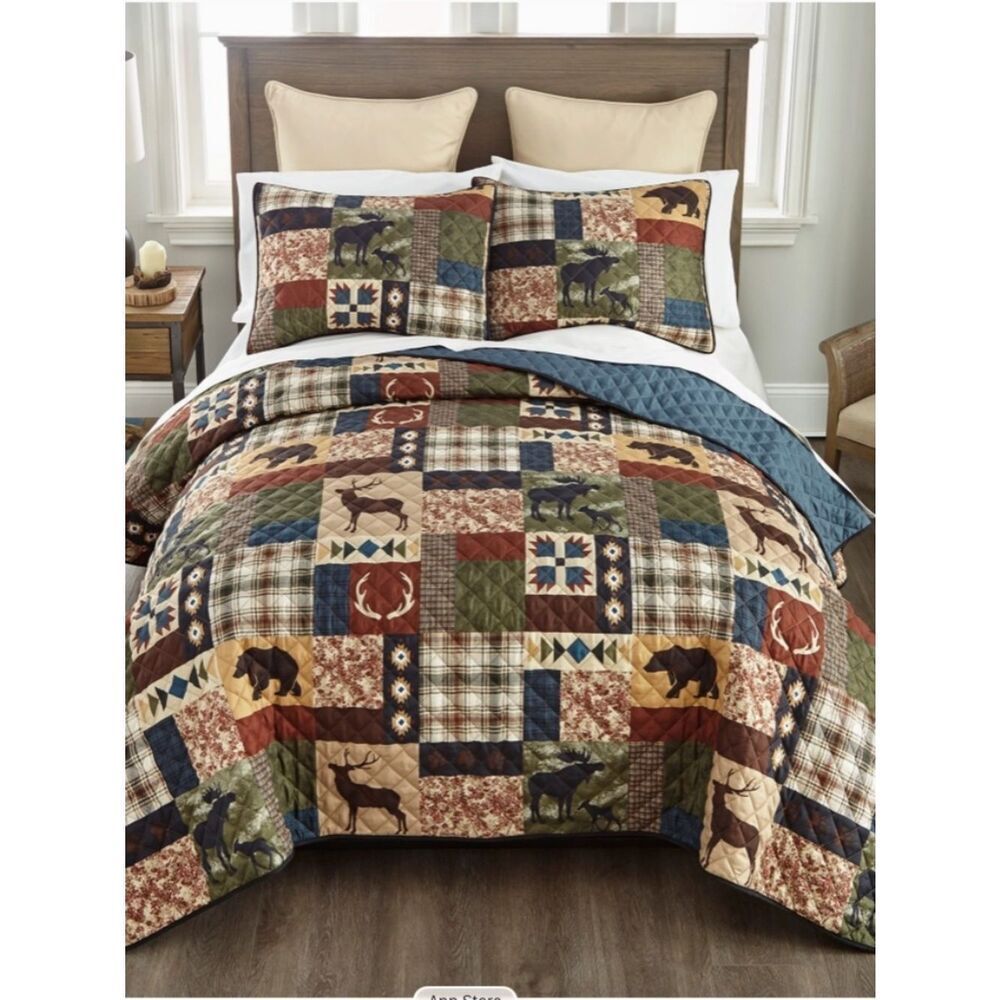 Log Cabin Theme King Quilt Set Lodge Hunter Rustic Deer Bear Buck Country
